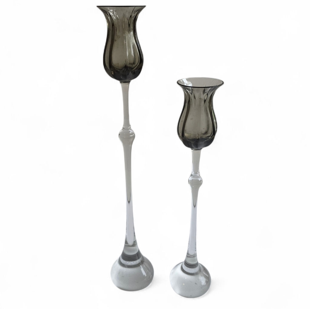 Vintage Rosenthal Crystal Tulipa Smoke Candlesticks – Set of 2 (10" & 12.5") - Picture 7 of 7